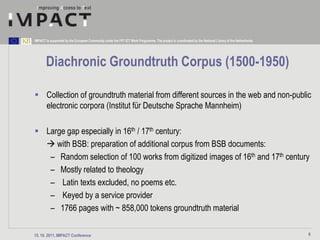 IMPACT is supported by the European Community under the FP7 ICT Work Programme. The project is coordinated by the National Library of the Netherlands.




       Diachronic Groundtruth Corpus (1500-1950)

 Collection of groundtruth material from different sources in the web and non-public
  electronic corpora (Institut für Deutsche Sprache Mannheim)

 Large gap especially in 16th / 17th century:
   with BSB: preparation of additional corpus from BSB documents:
   – Random selection of 100 works from digitized images of 16th and 17th century
   – Mostly related to theology
   – Latin texts excluded, no poems etc.
   – Keyed by a service provider
   – 1766 pages with ~ 858,000 tokens groundtruth material

15. 10. 2011, IMPACT Conference                                                                                                                          8
 