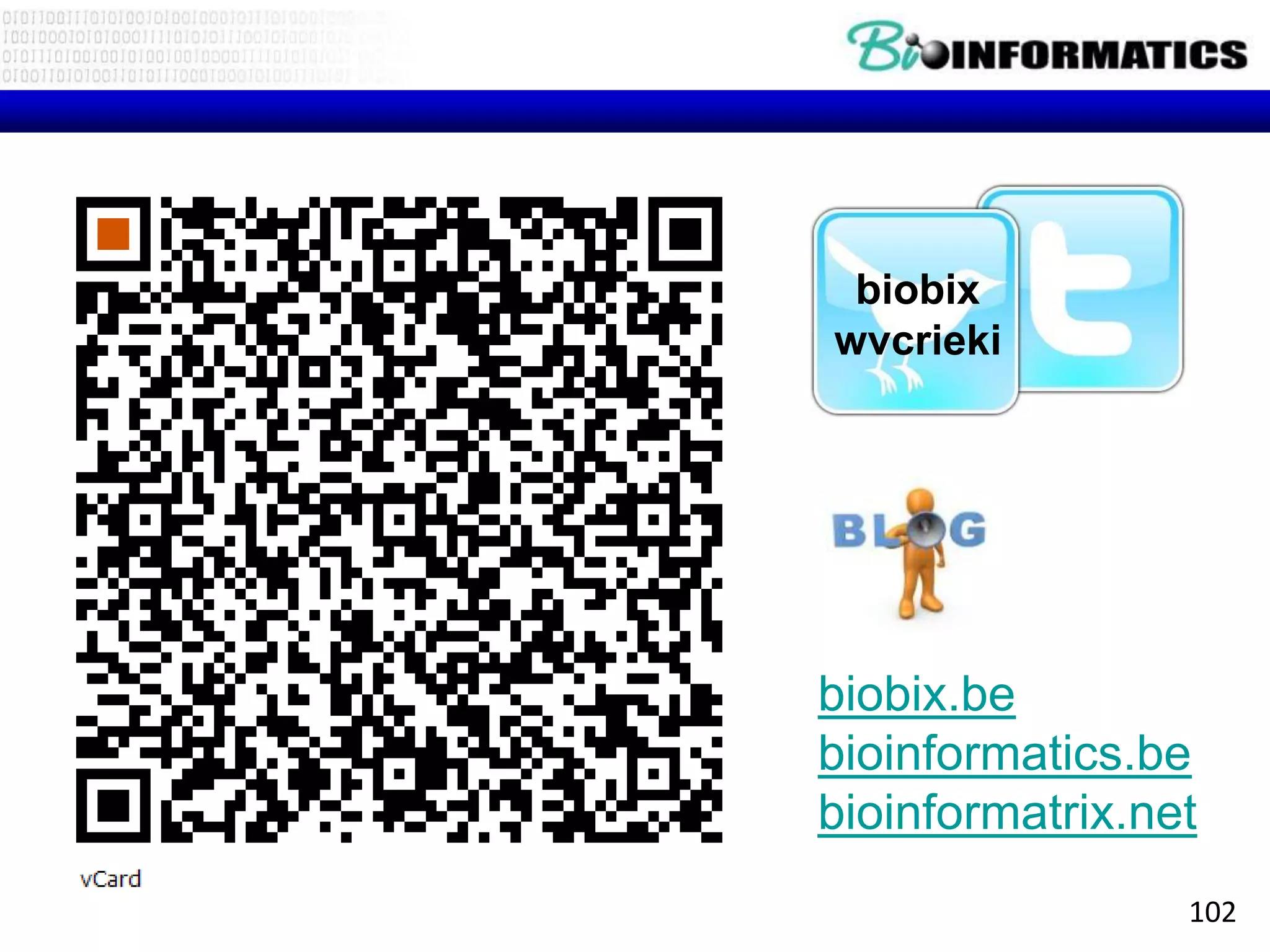 biobix
wvcrieki




biobix.be
bioinformatics.be
bioinformatrix.net
                 102
 