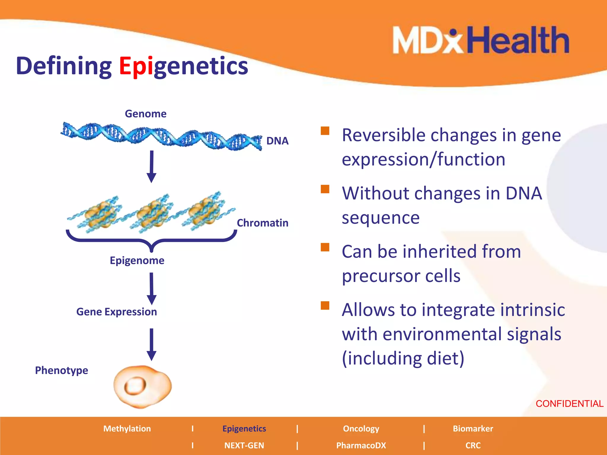 Defining Epigenetics
                 Genome

                                             DNA           Reversible changes in gene
                                                            expression/function
                                                           Without changes in DNA
                                  Chromatin                 sequence
              Epigenome
                                                           Can be inherited from
                                                            precursor cells
       Gene Expression                                     Allows to integrate intrinsic
                                                            with environmental signals
 Phenotype
                                                            (including diet)

                                                                                        CONFIDENTIAL

             Methylation   I   Epigenetics         |        Oncology    |   Biomarker
                           I   NEXT-GEN            |       PharmacoDX   |     CRC
 