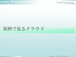 Cloud Computing




実例で見るクラウド




            Copyright © 2011 GLOBAL BRAINS CO.,LTD   14
 