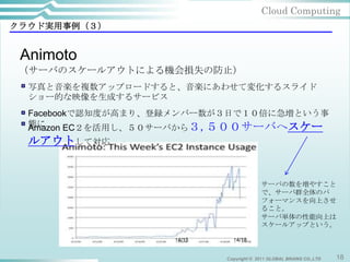 Cloud Computing
クラウド実用事例（３）


 Animoto
 （サーバのスケールアウトによる機会損失の防止）
  写真と音楽を複数アップロードすると、音楽にあわせて変化するスライド
  ショー的な映像を生成するサービス
  Facebookで認知度が高まり、登録メンバー数が３日で１０倍に急増という事
  態に
  Amazon EC２を活用し、５０サーバから３,５００サーバへスケー
  ルアウトして対応


                                         サーバの数を増やすこと
                                         で、サーバ群全体のパ
                                         フォーマンスを向上させ
                                         ること。
                                         サーバ単体の性能向上は
                                         スケールアップという。

                    ↑4/15     ↑4/18


                            Copyright © 2011 GLOBAL BRAINS CO.,LTD   18
 