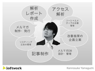解析         アクセス
   レポート         解析
    作成             ソーシャルメ
                   ディアの目標
                     管理
 メルマガ
制作・発行
                   改善施策の
                    企画立案
 リスティング
  広告の管理


                メルマガDB
        記事制作    設計・管理




                   Kennosuke Yamaguchi
 