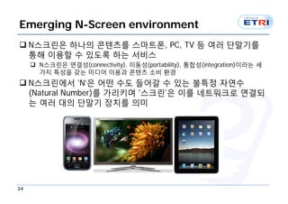 Emerging N-Screen environment
 N스크린은 하나의 콘텐츠를 스마트폰, PC, TV 등 여러 단말기를
  통해 이용할 수 있도록 하는 서비스
      N스크린은 연결성(connectivity), 이동성(portability), 통합성(integration)이라는 세
       가지 특성을 갖는 미디어 이용과 콘텐츠 소비 환경
 N스크린에서 ‘N’은 어떤 수도 들어갈 수 있는 불특정 자연수
  (Natural Number)를 가리키며 ‘스크린’은 이를 네트워크로 연결되
  는 여러 대의 단말기 장치를 의미




34
 