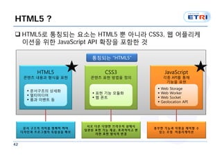 HTML5 ?
 HTML5로 통칭되는 요소는 HTML5 뿐 아니라 CSS3, 웹 어플리케
  이션을 위한 JavaScript API 확장을 포함한 것

                             통칭되는 “HTML5”


           HTML5                  CSS3                   JavaScript
      콘텐츠 내용과 형식을 표현        콘텐츠 표현 방법을 정의               각종 API를 통해
                                                         기능을 표현
                                                      Web Storage
        문서구조의 상세화
                              표현 기능 모듈화              Web Worker
        멀티미디어
                              웹 폰트                   Web Socket
        폼과 이벤트 등
                                                      Geolocation API




                           서로 다른 다양한 브라우저 상에서
      문서 구조의 의미를 명확히 하여                           풍부한 기능과 자원을 제어할 수
                          일관된 표현 기능 제공, 효과적이고 편
     디자인과 프로그램의 독립성을 확보                             있는 로컬 어플리케이션
                              리한 표현 방식의 변경


42
 