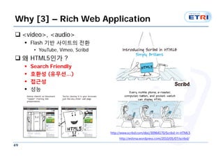 Why [3] – Rich Web Application
 <video>, <audio>
      Flash 기반 사이트의 전환
          • YouTube, Vimeo, Scribd
 왜 HTML5인가 ?
        Search Friendly
        호환성 (유무선…)
        접근성
        성능




                                     http://www.scribd.com/doc/30964170/Scribd-in-HTML5
                                          http://estima.wordpress.com/2010/05/07/scribd/

49
 