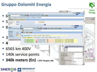 Gruppo Dolomiti Energia

 6000 sqkm service area
 500k inhabitants
 8 service area + STET

   3150 km 20kV
   4470 MT>BT
   6565 km 400V
   140k service points
   340k meters (En) + STET Pergine 18k
 