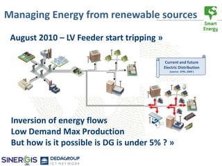Managing Energy from renewable sources

 August 2010 – LV Feeder start tripping »

                                             Current and future
                                            Electric Distribution
                                               (source: EPRI, 2009 )




 Inversion of energy flows
 Low Demand Max Production
 But how is it possible is DG is under 5% ? »
 