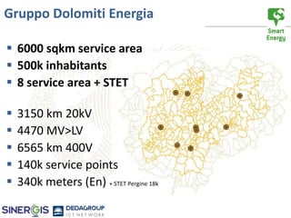 Gruppo Dolomiti Energia

 6000 sqkm service area
 500k inhabitants
 8 service area + STET

   3150 km 20kV
   4470 MV>LV
   6565 km 400V
   140k service points
   340k meters (En) + STET Pergine 18k
 