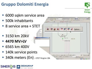 Gruppo Dolomiti Energia

 6000 sqkm service area
 500k inhabitants
 8 service area + STET

   3150 km 20kV
   4470 MV>LV
   6565 km 400V
   140k service points
   340k meters (En) + STET Pergine 18k
 