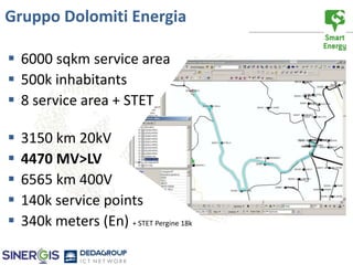 Gruppo Dolomiti Energia

 6000 sqkm service area
 500k inhabitants
 8 service area + STET

   3150 km 20kV
   4470 MV>LV
   6565 km 400V
   140k service points
   340k meters (En) + STET Pergine 18k
 