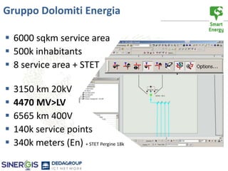 Gruppo Dolomiti Energia

 6000 sqkm service area
 500k inhabitants
 8 service area + STET

   3150 km 20kV
   4470 MV>LV
   6565 km 400V
   140k service points
   340k meters (En) + STET Pergine 18k
 
