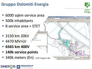 Gruppo Dolomiti Energia

 6000 sqkm service area
 500k inhabitants
 8 service area + STET

   3150 km 20kV
   4470 MV>LV
   6565 km 400V
   140k service points
   340k meters (En) + STET Pergine 18k
 