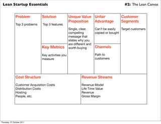 Lean Startup Essentials                                                                    #2: The Lean Canvas


               Problem          Solution             Unique Value Unfair                  Customer
                                                     Proposition  Advantage               Segments
               Top 3 problems    Top 3 features
                                                     Single, clear,      Can’t be easily  Target customers
                                                     compelling          copied or bought
                                                     message that
                                                     states why you
                                                     are different and
                                Key Metrics          worth buying        Channels

                                Key activities you                       Path to
                                measure                                  customers




               Cost Structure                                 Revenue Streams

               Customer Acquisition Costs                     Revenue Model
               Distribution Costs                             Life Time Value
               Hosting                                        Revenue
               People, etc.                                   Gross Margin




Thursday, 27 October 2011
 