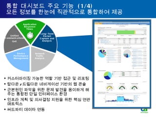 커스터마이징 가능한 역할 기반 접근 및 리포팅 탑다운 / 드릴다운 네비게이션 기반의 웹 콘솔 근본원인 파악을 위한 문제 발견을 용이하게 해주는 통합된 단일 인터페이스 환경 인프라 계획 및 의사결정 지원을 위한 핵심 연관 매트릭스 써드파티 데이타 연동 Application Response Times 통합 대시보드 주요 기능  (1/4) 모든 정보를 한눈에 직관적으로 통합하여 제공 Long-Term Packet Capture and Analysis Network Traffic Analysis Device Performance Management Unified Communications QoE 