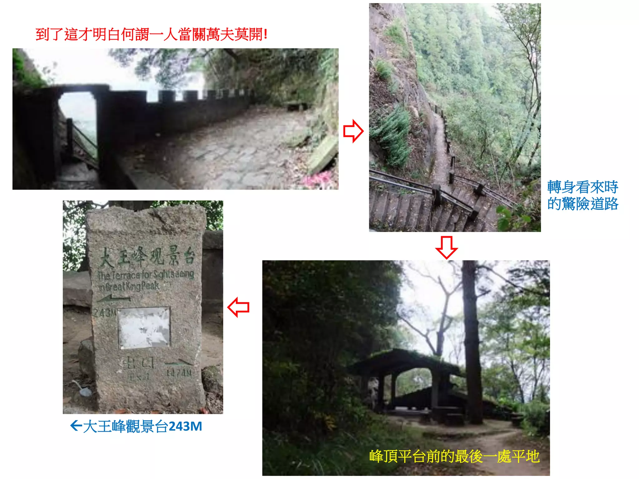 到了這才明白何謂一人當關萬夫莫開!




                                   轉身看來時
                                   的驚險道路




  大王峰觀景台243M

                    峰頂平台前的最後一處平地
 