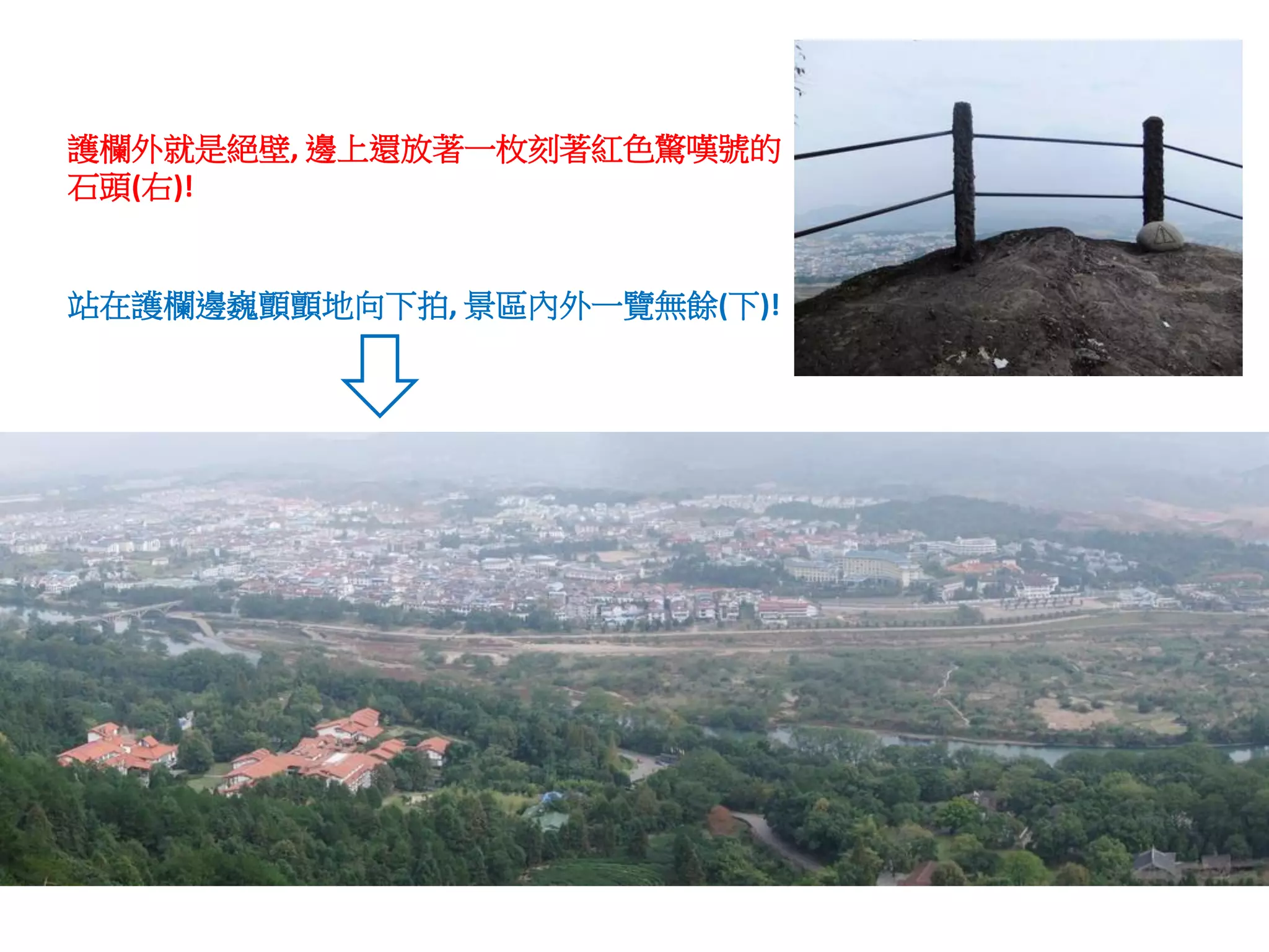 護欄外就是絕壁, 邊上還放著一枚刻著紅色驚嘆號的
石頭(右)!


站在護欄邊巍顫顫地向下拍, 景區內外一覽無餘(下)!
 