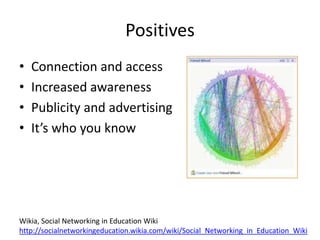 Positives
•   Connection and access
•   Increased awareness
•   Publicity and advertising
•   It’s who you know




Wikia, Social Networking in Education Wiki
http://socialnetworkingeducation.wikia.com/wiki/Social_Networking_in_Education_Wiki
 