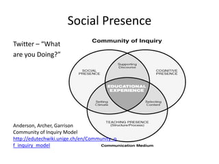 Social Presence
Twitter – “What
are you Doing?”




Anderson, Archer, Garrison
Community of Inquiry Model
http://edutechwiki.unige.ch/en/Community_o
f_inquiry_model
 