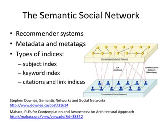 The Semantic Social Network
• Recommender systems
• Metadata and metatags
• Types of indices:
    – subject index
    – keyword index
    – citations and link indices

Stephen Downes, Semantic Networks and Social Networks
http://www.downes.ca/post/31624
Mahara, PLEs for Contemplation and Awareness: An Architectural Approach
http://mahara.org/view/view.php?id=38342
 