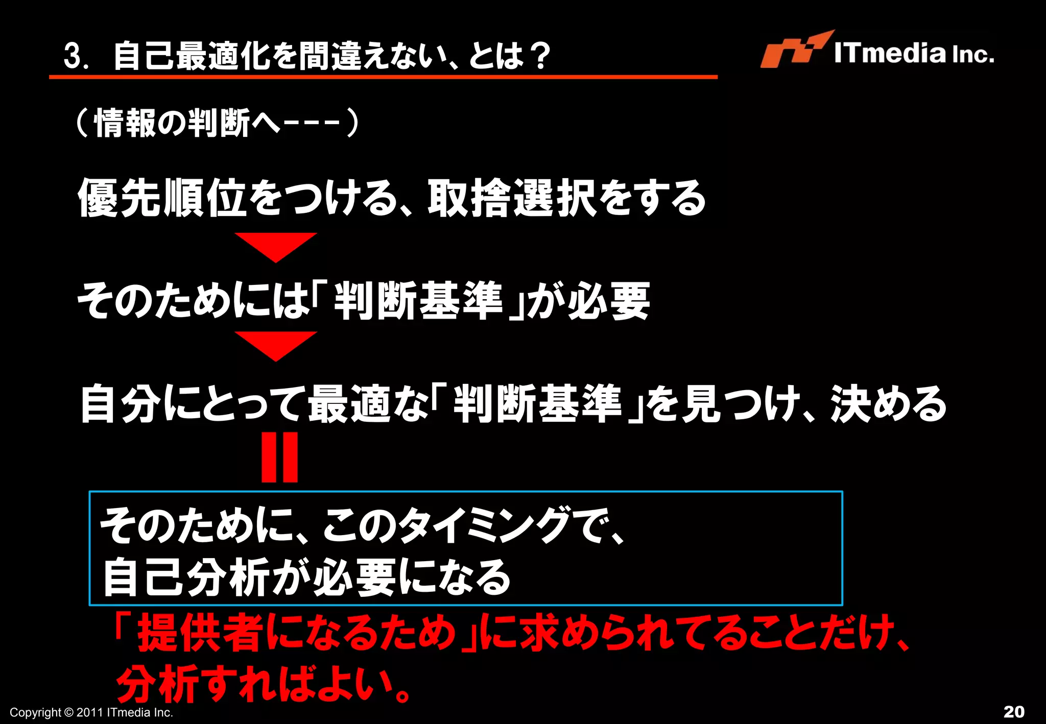 3. 自己最適化を間違えない、とは？

           （情報の判断へ---）

           優先順位をつける、取捨選択をする

           そのためには「判断基準」が必要

           自分にとって最適な「判断基準」を見つけ、決める

               そのために、このタイミングで、
               自己分析が必要になる
               「提供者になるため」に求められてることだけ、
               分析すればよい。
Copyright © 2011 ITmedia Inc.           20
 