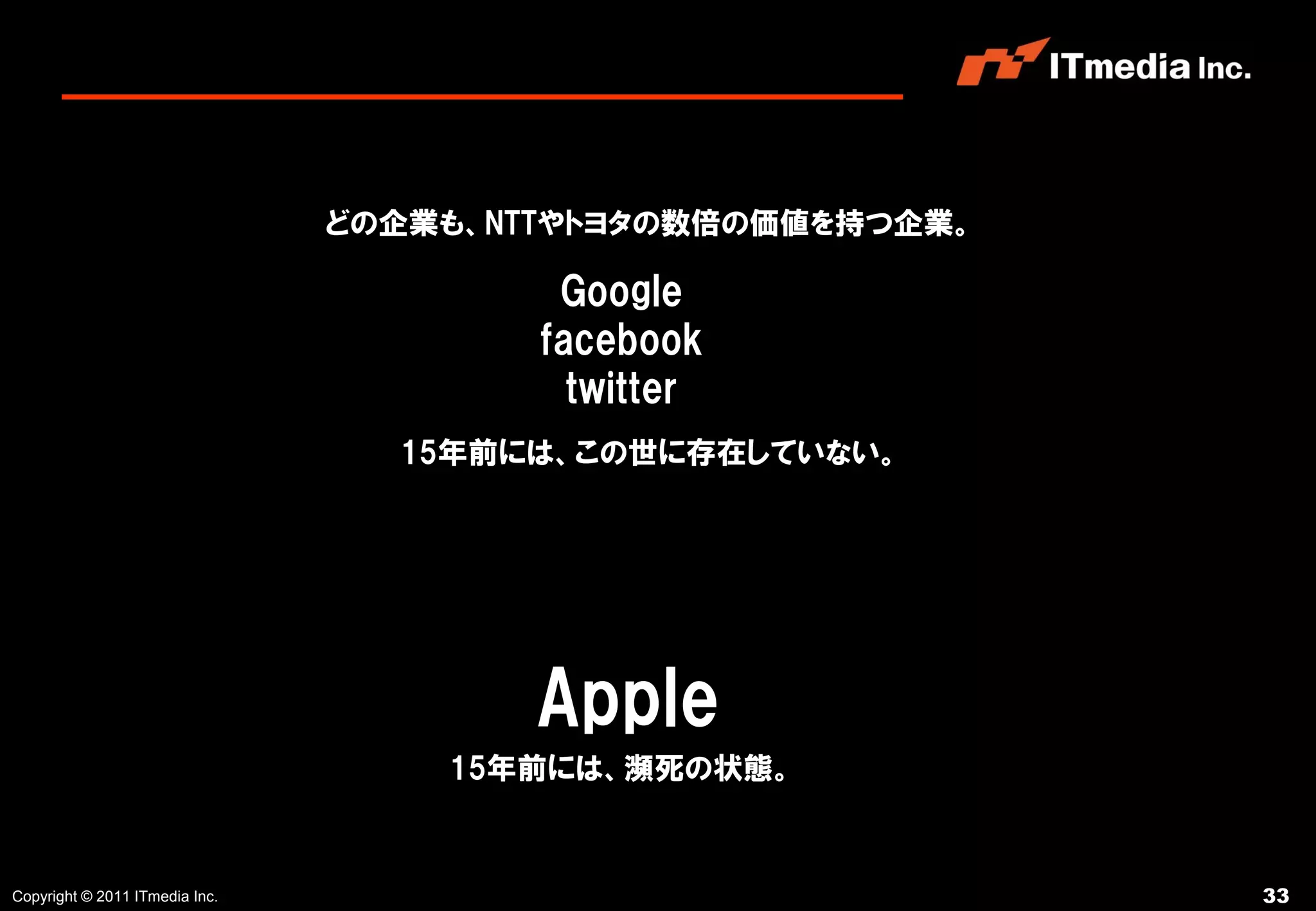 どの企業も、NTTやトヨタの数倍の価値を持つ企業。

                                         Google
                                        facebook
                                          twitter
                                  15年前には、この世に存在していない。




                                        Apple
                                    15年前には、瀕死の状態。



Copyright © 2011 ITmedia Inc.                               33
 