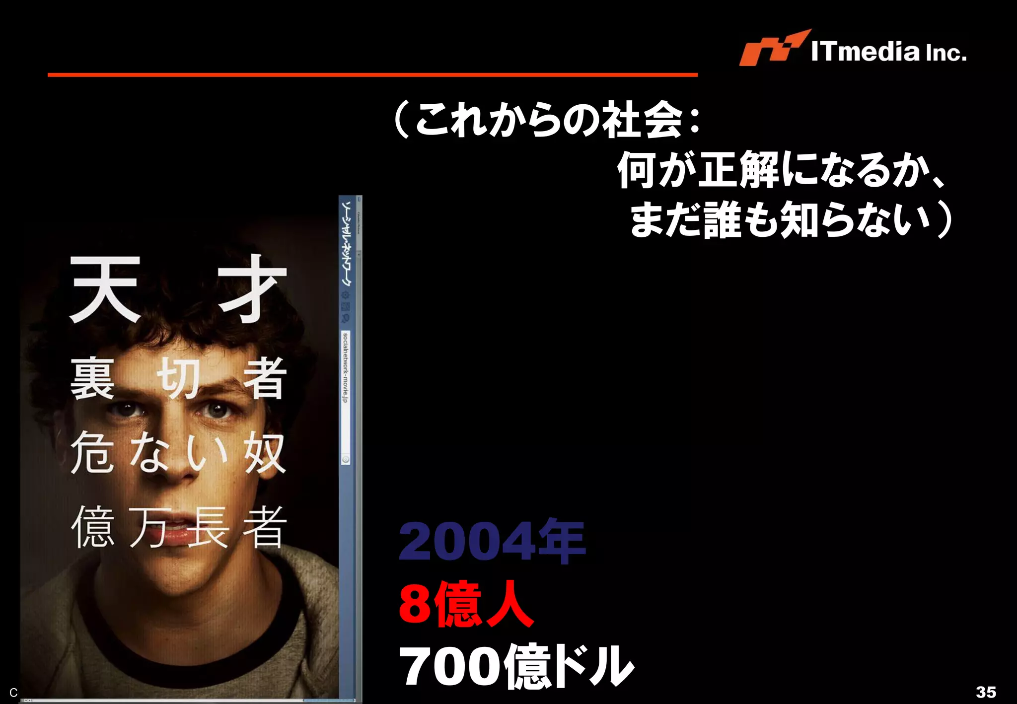 （これからの社会：
                                      何が正解になるか、
                                       まだ誰も知らない）




                                2004年
                                8億人
Copyright © 2011 ITmedia Inc.
                                700億ドル             35
 