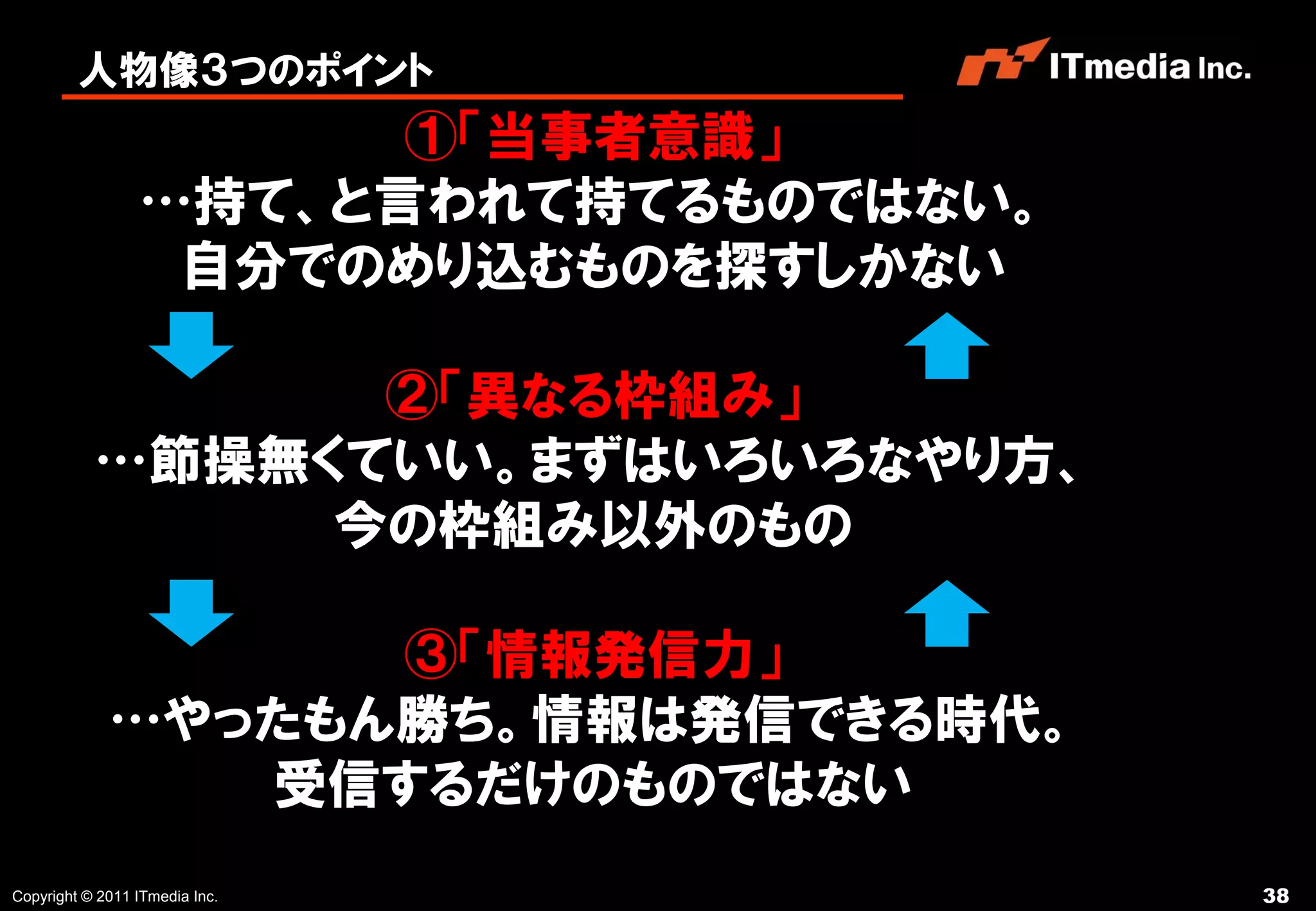 人物像３つのポイント
                       ①「当事者意識」
                 …持て、と言われて持てるものではない。
                  自分でのめり込むものを探すしかない

                 ②「異なる枠組み」
           …節操無くていい。まずはいろいろなやり方、
                今の枠組み以外のもの

                   ③「情報発信力」
             …やったもん勝ち。情報は発信できる時代。
                受信するだけのものではない
Copyright © 2011 ITmedia Inc.          38
 