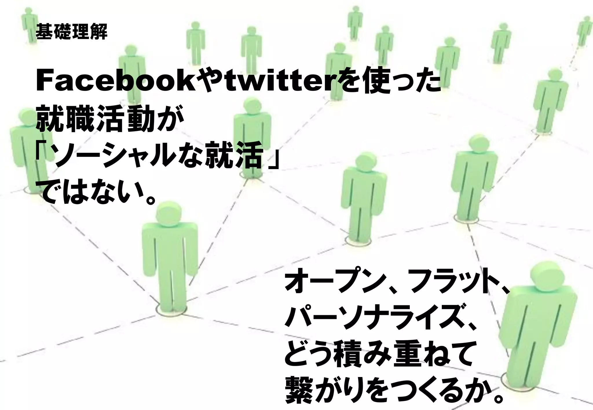 基礎理解

         Facebookやtwitterを使った
         就職活動が
         「ソーシャルな就活」
         ではない。

                                オープン、フラット、
                                パーソナライズ、
                                どう積み重ねて
Copyright © 2011 ITmedia Inc.
                                繋がりをつくるか。    42
 