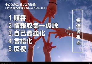そのための、5つの方法論
         （方法論も間違えないようにしよう）


              1.順番              提
              2.情報収集→仮説         供
                                者
              3.自己最適化           視
              4.言語化             点
              5.反復
Copyright © 2011 ITmedia Inc.       15
 