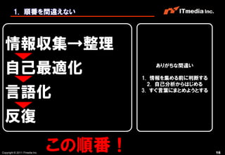 1. 順番を間違えない




  情報収集→整理
  自己最適化                                    ありがちな間違い

                                        1. 情報を集める前に判断する
                                          2. 自己分析からはじめる

  言語化                                   3. すぐ言葉にまとめようとする




  反復

Copyright © 2011 ITmedia Inc.
                                この順番！                      16
 
