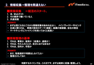 2. 情報収集→整理を間違えない

           ■情報収集                  ＝就活のスタート。
           1. 本、Ｗｅｂサイト
           2. その業界で働いている人
           3. 共通知識
             POINT!
             ・ まずは気になるところから情報収集を始めればよい。 メインプレイヤーやトピック
             ・ 社員に聞くのは、 事業の現状のテーマ（課題）、組織の価値観、会社の理念
             ・ マーケティングとファイナンスを知っておくと尚良い


           ■情報整理の基準
           1. それは、事実か、推測か （結果か、過程か）
           2. それは、その人のことか、自分にあてはまるか
           3. それは、目的か、手段か
             POINT!
             ・ まだ、取捨選択や判断はしなくてよい
             ・ 整理だけしておく


Copyright © 2011 ITmedia Inc.   判断するタイミングは、この次です。まずは純粋に収集・整理しよう。   17
 