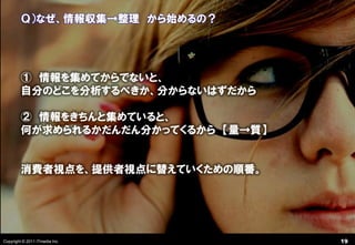 Ｑ）なぜ、情報収集→整理 から始めるの？




         ① 情報を集めてからでないと、
         自分のどこを分析するべきか、分からないはずだから

         ② 情報をきちんと集めていると、
         何が求められるかだんだん分かってくるから 【量→質】


         消費者視点を、提供者視点に替えていくための順番。




Copyright © 2011 ITmedia Inc.         19
 