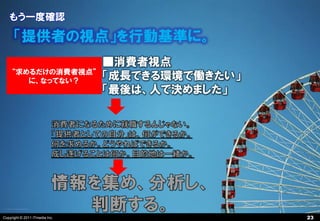 もう一度確認

      「提供者の視点」を行動基準に。
                                ■消費者視点
     “求めるだけの消費者視点”
        に、なってない？
                                「成長できる環境で働きたい」
                                「最後は、人で決めました」




Copyright © 2011 ITmedia Inc.                    23
 