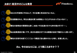 おまけ：就活中のこんな発言


                     「あなたを不採用にするなんて、その企業に見る目がないのよ」


                     「圧迫面接された。学生も商品を買うお客様ということすらわかってないのか！」


                     「御社の説明会の雰囲気も良く、お会いする社員の方々も仲が良さそうで・・・」


                     「私は成長意欲が高いです。自分を成長させてくれる環境の会社で働きたいと思います」


                     「御社の次世代を担う○○○という商品に私も携わりたいと考え、志望しました」



                                さぁ、今のあなたには、どう聞こえますか？？

Copyright © 2011 ITmedia Inc.                                   28
 
