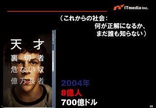 （これからの社会：
                                      何が正解になるか、
                                       まだ誰も知らない）




                                2004年
                                8億人
Copyright © 2011 ITmedia Inc.
                                700億ドル             35
 