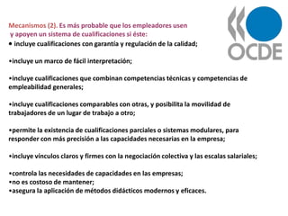Mecanismos (2). Es más probable que los empleadores usen
y apoyen un sistema de cualificaciones si éste:
 incluye cualificaciones con garantía y regulación de la calidad;

•incluye un marco de fácil interpretación;

•incluye cualificaciones que combinan competencias técnicas y competencias de
empleabilidad generales;

•incluye cualificaciones comparables con otras, y posibilita la movilidad de
trabajadores de un lugar de trabajo a otro;

•permite la existencia de cualificaciones parciales o sistemas modulares, para
responder con más precisión a las capacidades necesarias en la empresa;

•incluye vínculos claros y firmes con la negociación colectiva y las escalas salariales;

•controla las necesidades de capacidades en las empresas;
•no es costoso de mantener;
•asegura la aplicación de métodos didácticos modernos y eficaces.
 
