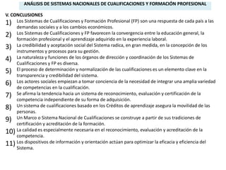 ANÁLISIS DE SISTEMAS NACIONALES DE CUALIFICACIONES Y FORMACIÓN PROFESIONAL

V. CONCLUSIONES
1) Los Sistemas de Cualificaciones y Formación Profesional (FP) son una respuesta de cada país a las
     demandas sociales y a los cambios económicos.
2) Los Sistemas de Cualificaciones y FP favorecen la en la experiencia laboral.
                                                      convergencia entre la educación general, la
     formación profesional y el aprendizaje adquirido
3) La credibilidadyyprocesos para su gestión. radica, en gran medida, en la concepción de los
                       aceptación social del Sistema
     instrumentos
4) La naturaleza y y FP es diversa. órganos de dirección y coordinación de los Sistemas de
                      funciones de los
     Cualificaciones
5) El proceso de determinacióndelnormalización de las cualificaciones es un elemento clave en la
                                     y
     transparencia y credibilidad       sistema.
6) Loscompetencias en empiezan a tomar conciencia de la necesidad de integrar una amplia variedad
     de
         actores sociales
                           la cualificación.
7) Se afirma la tendencia hacia un sistema de reconocimiento, evaluación y certificación de la
     competencia independiente de su forma de adquisición.
8) Un sistema de cualificaciones basado en los Créditos de aprendizaje asegura la movilidad de las
     personas.
9) Un Marco o Sistema Nacional de Cualificaciones se construye a partir de sus tradiciones de
     certificación y acreditación de la formación.
10) La calidad es especialmente necesaria en el reconocimiento, evaluación y acreditación de la
     competencia.
11) Los dispositivos de información y orientación actúan para optimizar la eficacia y eficiencia del
     Sistema.
 