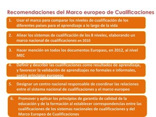 Recomendaciones del Marco europeo de Cualificaciones
1.    Usar el marco para comparar los niveles de cualificación de los
      diferentes países para el aprendizaje a lo largo de la vida

2.    Aliear los sistemas de cualificación de los 8 niveles, elaborando un
      marco nacional de cualificaciones en 2010

3.    Hacer mención en todos los documentos Europass, en 2012, al nivel
      MEC

4.    Definir y describir las cualificaciones como resultados de aprendizaje,
      y favorecer la validación de aprendizajes no formales e informales,
      según principios europeos
5.    Designar un centro nacional responsable de coordinar las relaciones
      entre el sistema nacional de cualificaciones y el marco europeo

 6.    Promover y aplicar los principios de garantía de calidad de la
       educación y de la formación al establecer correspondencias entre las
       cualificaciones de los sistemas nacionales de cualificaciones y del
       Marco Europeo de Cualificaciones
 