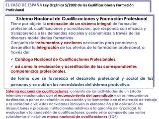 EL CASO DE ESPAÑA Ley Orgánica 5/2002 de las Cualificaciones y Formación
Profesional

      Sistema Nacional de Cualificaciones y Formación Profesional
  Tiene por objeto la ordenación de un sistema integral de formación
  profesional, cualificaciones y acreditación, que responda con eficacia y
  transparencia a las demandas sociales y económicas a través de las
  diversas modalidades formativas.
  Conjunto de instrumentos y acciones necesarios para promover y
  desarrollar la integración de las ofertas de la formación profesional, a
  través del
   Catálogo Nacional de Cualificaciones Profesionales,
   así como la evaluación y acreditación de las correspondientes
  competencias profesionales,
  de forma que se favorezca el desarrollo profesional y social de las
  personas y se cubran las necesidades del sistema productivo.
Sistema nacional de cualificaciones: conjunto de las actividades de un Estado
miembro relacionadas con el reconocimiento del aprendizaje y otros mecanismos
destinados a poner en relación la educación y la formación con el mercado de trabajo
y la sociedad civil; estas actividades incluyen la elaboración y la aplicación de
disposiciones y procesos institucionales relativos a la garantía de la calidad, la
evaluación y la concesión de cualificaciones; puede estar compuesto por varios
subsistemas e incluir un marco nacional de cualificaciones (EQF)
 