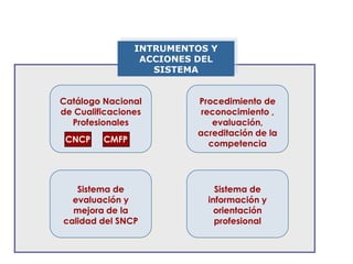 INTRUMENTOS Y
                 ACCIONES DEL
                   SISTEMA


Catálogo Nacional        Procedimiento de
de Cualificaciones        reconocimiento ,
  Profesionales              evaluación,
                         acreditación de la
 CNCP    CMFP               competencia




   Sistema de                Sistema de
  evaluación y             información y
  mejora de la               orientación
calidad del SNCP             profesional
 