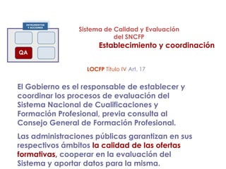 INTRUMENTOS
    Y ACCIONES
                 Sistema de Calidad y Evaluación
CNCP
                            del SNCFP
                       Establecimiento y coordinación
QA

                   LOCFP Título IV Art. 17


El Gobierno es el responsable de establecer y
coordinar los procesos de evaluación del
Sistema Nacional de Cualificaciones y
Formación Profesional, previa consulta al
Consejo General de Formación Profesional.
Las administraciones públicas garantizan en sus
respectivos ámbitos la calidad de las ofertas
formativas, cooperar en la evaluación del
Sistema y aportar datos para la misma.
 