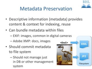 Metadata Preservation Descriptive information (metadata) provides content & context for indexing, reuse Can bundle metadata within files EXIF: images, common in digital cameras Adobe XMP: docs, images Should commit metadata  to file system Should not manage just  in DB or other management  system Filesystem <DwC> XML JP2 