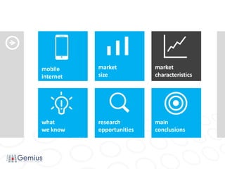 mobile     market          market
internet   size            characteristics




what       research        main
we know    opportunities   conclusions
 