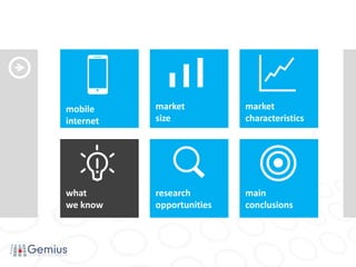 mobile     market          market
internet   size            characteristics




what       research        main
we know    opportunities   conclusions
 
