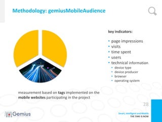 Methodology: gemiusMobileAudience


                                                 key indicators:

                                                 •   page impressions
                                                 •   visits
                                                 •   time spent
                                                 •   users
                                                 •   technical information
                                                     •   device type
                                                     •   device producer
                                                     •   browser
                                                     •   operating system


  measurement based on tags implemented on the
  mobile websites participating in the project
                                                                                  28
                                                           Smart, Intelligent and Mobile
                                                                       THE TIME IS NOW
 