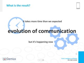 What is the result?




             it takes more time than we expected



 evolution of communication
                  but it’s happening now



                                                                         6
                                               Smart, Intelligent and Mobile
                                                           THE TIME IS NOW
 