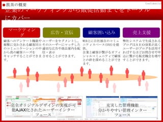 Confidential
飲茶の概要
企業のマーケティングから販促活動までをトータル
にカバー
 マーケティン
               広告・宣伝                               顧客囲い込み                      売上支援
   グ
顧客へのアンケート機能や ユーザーをセグメントし、                   WEB上に自社独自のコミュ                   弊社システムで生成される
頻繁に交わされる顧客同士 そのユーザーにマッチした                   ニティスペース(SNS)を提                  ブログはＳＥＯ効果が高く、
のコミュニケーションの中 適切な広告や商品案内を配                   供。                              ユーザーがブログを活用す
から真の顧客ニーズを   信・表示                           企業と顧客が繋がるオフィ                    ればするほどお問合せや申
キャッチすることができま させることができます。                    シャルコミュニティで顧客                    込に繋がる販売機会を増や
す。                                          との絆を深めることができ                    すことができます。
                                            ます。




  完全オリジナルデザインの実現が可                                             充実した管理機能
  能AJAX化されたユーザーインター                                          分かりやすい管理インター
         フェース                                                    フェース
                 Copyright © MINDFREE Co.,Ltd. 2009. All rights reserved.                  9
 