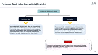 39
Pengenaan Denda dalam Kontrak Kerja Konstruksi
Kontraktor
Pengguna Jasa
Ketentuan Pengenaan Denda
Wanprestasi pada pengguna jasa, klaim dari kontraktor tidak
dalam bentuk denda. Dalam hal pengguna jasa tidak dapat
menyiapkan sarana dan prasarana tepat waktu, maka pada
praktiknya pengguna jasa dapat meminta tambahan hari untuk
dapat menyiapkan sarana dan prasarana untuk pekerjaan
konstruksi termasuk akses kontraktor ke lokasi proyek..
Wanprestasi pada kontraktor, merupakan kelalaian atau
ketidakmampuan kontraktor yang akibatnya penegenaan
denda kepada kontraktor. Apabila kontraktor tidak bisa
menyelesaikan pekerjaan tepat waktu (wanprestasi) maka
kontraktor akan terkena potensi denda keterlambatan.
Insight
Denda keterlambatan pada kontrak kerja konstruksi hanya dikenakan kepada
kontraktor, apabila kontraktor lalai atau tidak mampu melaksanakan ketentuan-
ketentuan dalam kontrak kerja konstruksi.
 