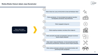 45
Risiko-Risiko Hukum dalam Jasa Konstruksi
Risiko-risiko dalam
Penyediaan Infrastruktur
Risiko lokasi baru yang membutuhkan proses pembebasan lahan
Risiko pendanaan, di mana terdapat kemungkinan kesulitan
mendapatkan pendanaan yang dibutuhkan
Risiko kegagalan bangunan
Risiko terjadinya keadaan memaksa (force majeure)
Risiko penyedia jasa tidak menyelesaikan pekerjaan konstruksi
sesuai dengan perjanjian
Risiko dalam masa pemeliharaan, di mana penyedia jasa tidak
memberikan pemeliharaan infrastruktur sesuai dengan perjanjian
Risiko adanya pekerjaan-pekerjaan yang disubkontrakkan oleh
pemenang tender pengadaan
1
2
3
4
5
6
7
 