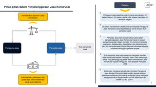 9
Pihak-pihak dalam Penyelenggaraan Jasa Konstruksi
Pengguna Jasa Penyedia Jasa
Sub-penyedia
Jasa
memberikan pekerjaan dan
upah atas Jasa Konstruksi
yang akan diterima
memberikan layanan Jasa
Konstruksi
Catatan
Pengguna Jasa dapat berupa (i) orang perorangan; (ii)
badan hukum; (iii) badan usaha milik negara; dan/atau (iv)
lembaga negara
Di dalam memberikan Jasa Konstruksi kepada Pengguna
Jasa, Penyedia Jasa dapat bekerja sama dengan Sub-
penyedia Jasa
Sub-penyedia Jasa pada dasarnya hanyalah pemberi
Jasa Konstruksi kepada Penyedia Jasa. Oleh karenanya,
pihak yang bertanggung jawab dalam memberikan Jasa
Konstruksi kepada Pengguna Jasa tetaplah Penyedia
Jasa
Penyedia Jasa dan Sub-penyedia Jasa dalam
penyelenggaraan Jasa Konstruksi harus (i) sesuai
dengan perjanjian dalam kontrak; (ii) memenuhi standar
keamanan, keselamatan, kesehatan, dan keberlanjutan;
dan (iii) mengutamakan Warga Negara Indonesia sebagai
pimpinan tertinggi organisasi proyek
1
2
3
4
Ketentuan mengenai pengikatan di antara Pengguna
Jasa dengan Penyedia Jasa berlaku sesuai dengan
ketentuan peraturan perundang-undangan yang mengatur
mengenai hukum keperdataan kecuali ditentukan lain
dalam UU No. 2/2017.
5
 